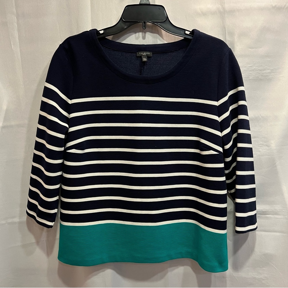 Talbots Three Quarter Sleeves Navy White Turquoise Striped Top Size XL Petite